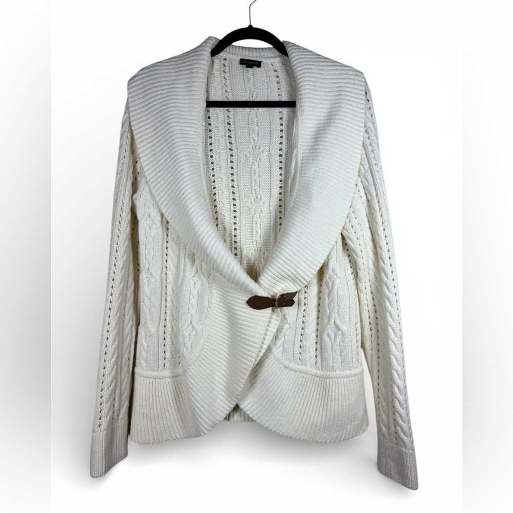 Talbots Chunky Knit Shawl Collar Cable Knit Cardigan Buckle Close Lambswool Sz L
